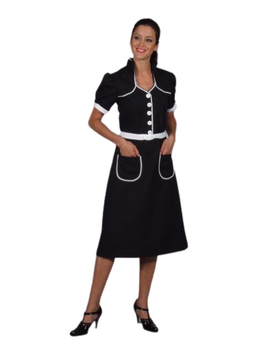 Dame zwart met witte riem - Willaert,verkleedkledij, carnavalkledij, carnavaloutfit, feestkledij, jaren 40